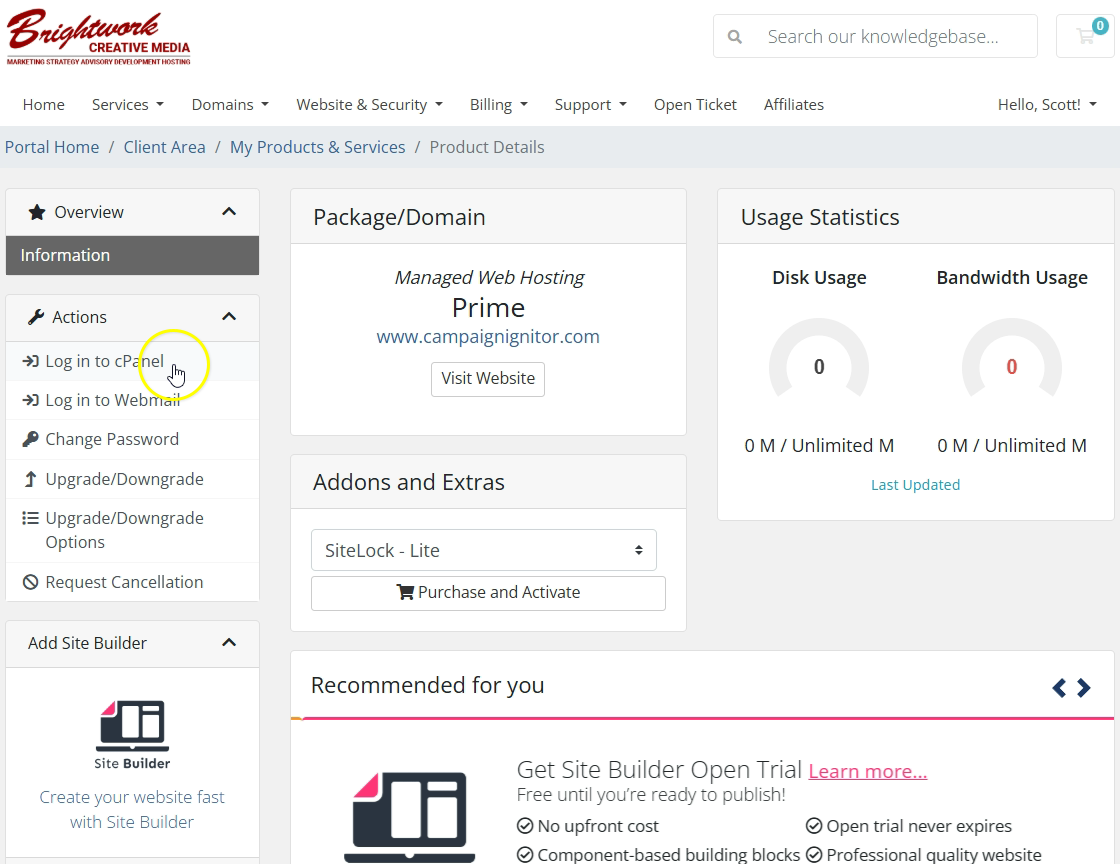 Client Area cPanel Login Link
